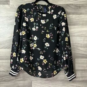 Rachel Roy Womens Blouse Black Floral Long‎ Sleeve Bishop Stripe Cuff S Boho